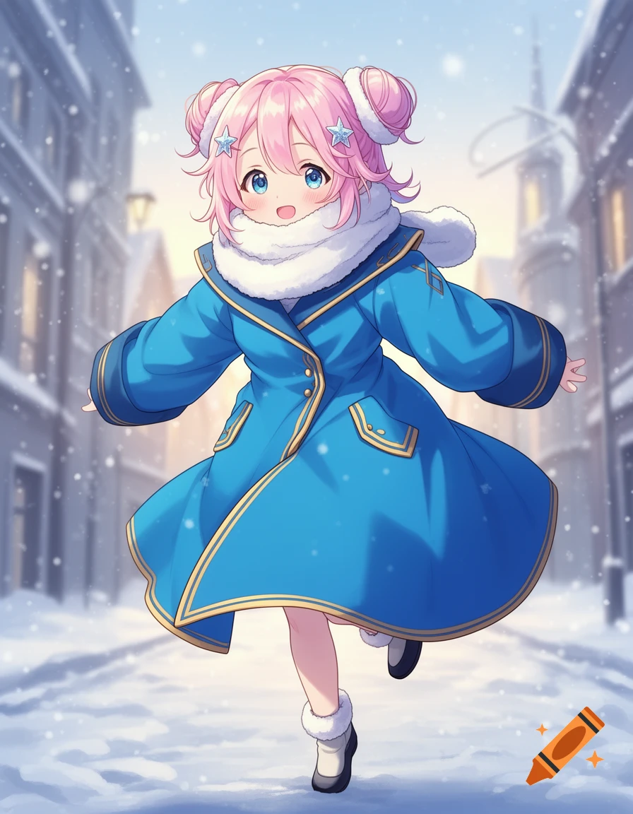 An anime girl with pink hair, blue eyes, and a blue coat runs cheerfully in a snowy street.