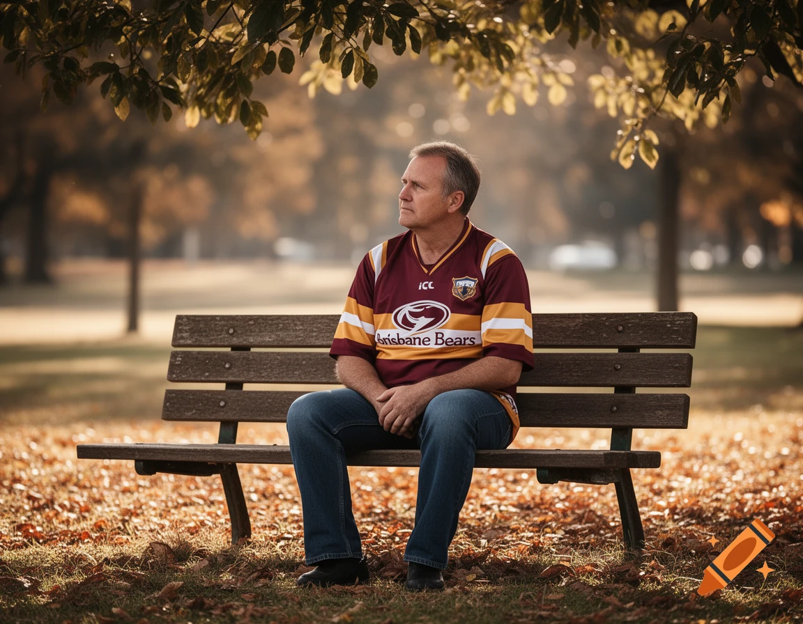A man in a maroon and gold Brisbane Bears jersey sits pensively on a park bench surrounded by autumn leaves.