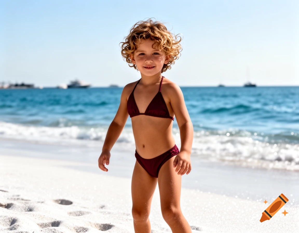 A young child with curly hair smiles while standing in a burgundy bikini on a white sandy beach with blue ocean water and distant boats.