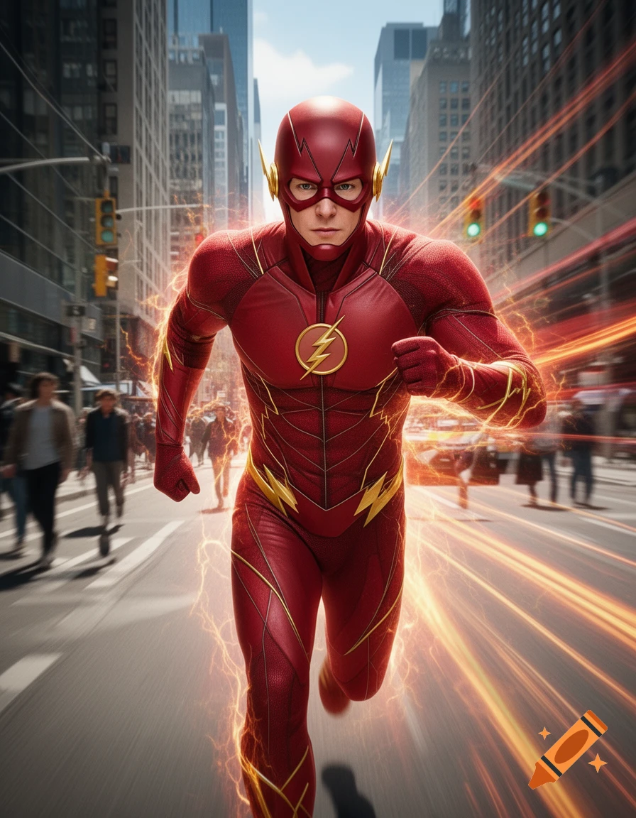 The Flash, a superhero in a red suit with a lightning bolt emblem, runs through a city street, surrounded by speed effects.
