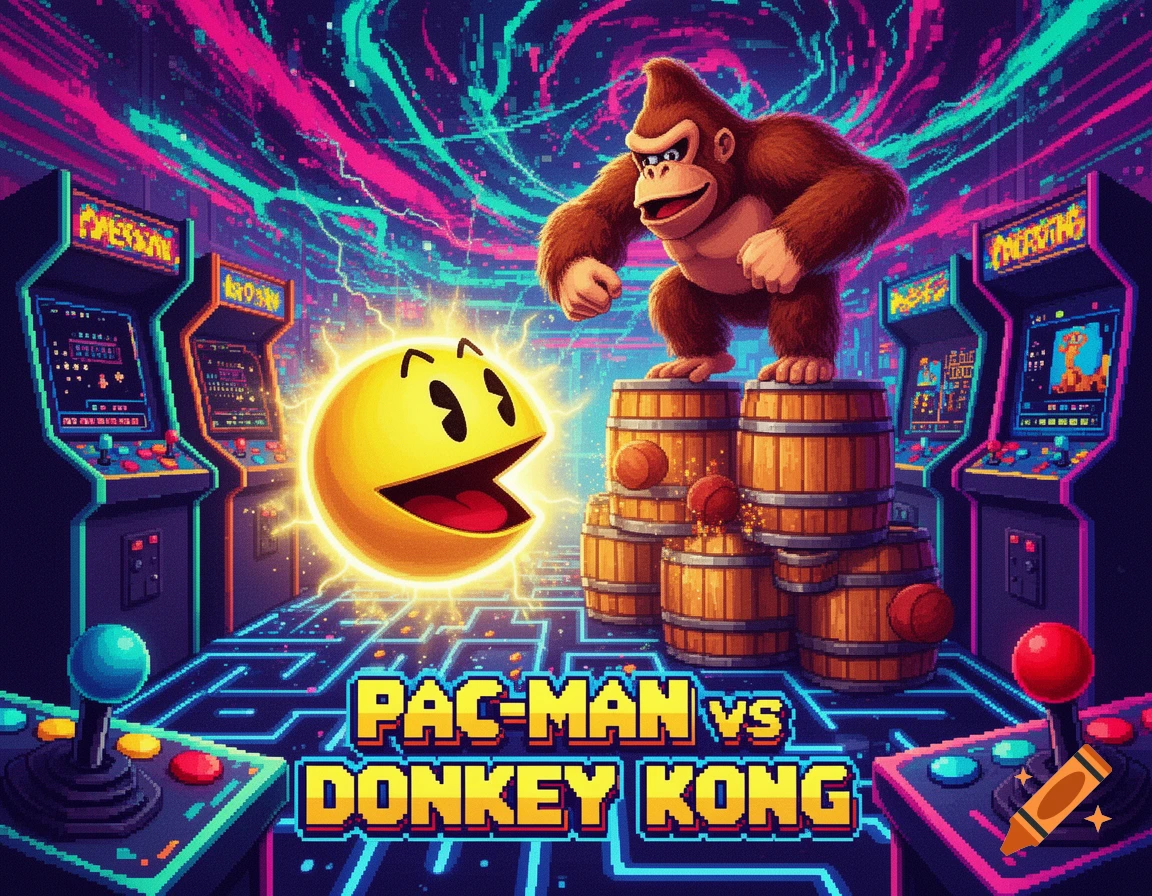 Vibrant pixel art of Donkey Kong on barrels and a glowing Pac-Man in a retro arcade, with 'PAC-MAN vs DONKEY KONG' text.