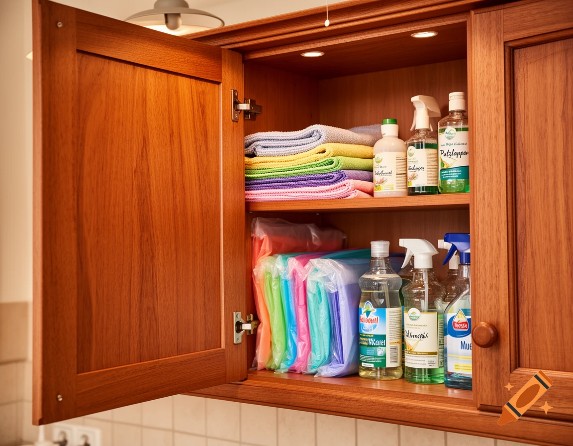 An open wooden kitchen cabinet filled with neatly organized cleaning supplies, colorful cloths, and garbage bags.
