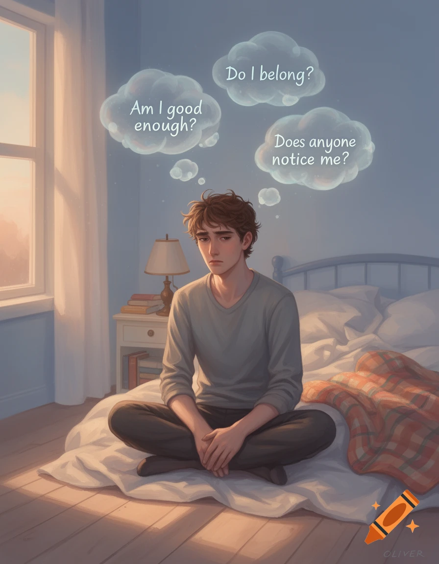 Illustration of a sad young man sitting cross-legged on a bed, with thought bubbles asking 'Am I good enough?', 'Do I belong?', 'Does anyone notice me?'