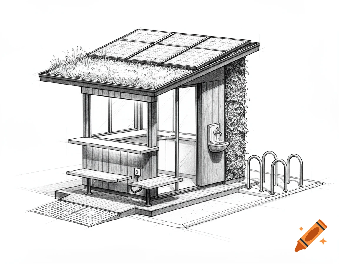 Black-and-white architectural sketch of a modern eco-friendly kiosk with a green roof, solar panels, benches, drinking fountain, and bike racks.
