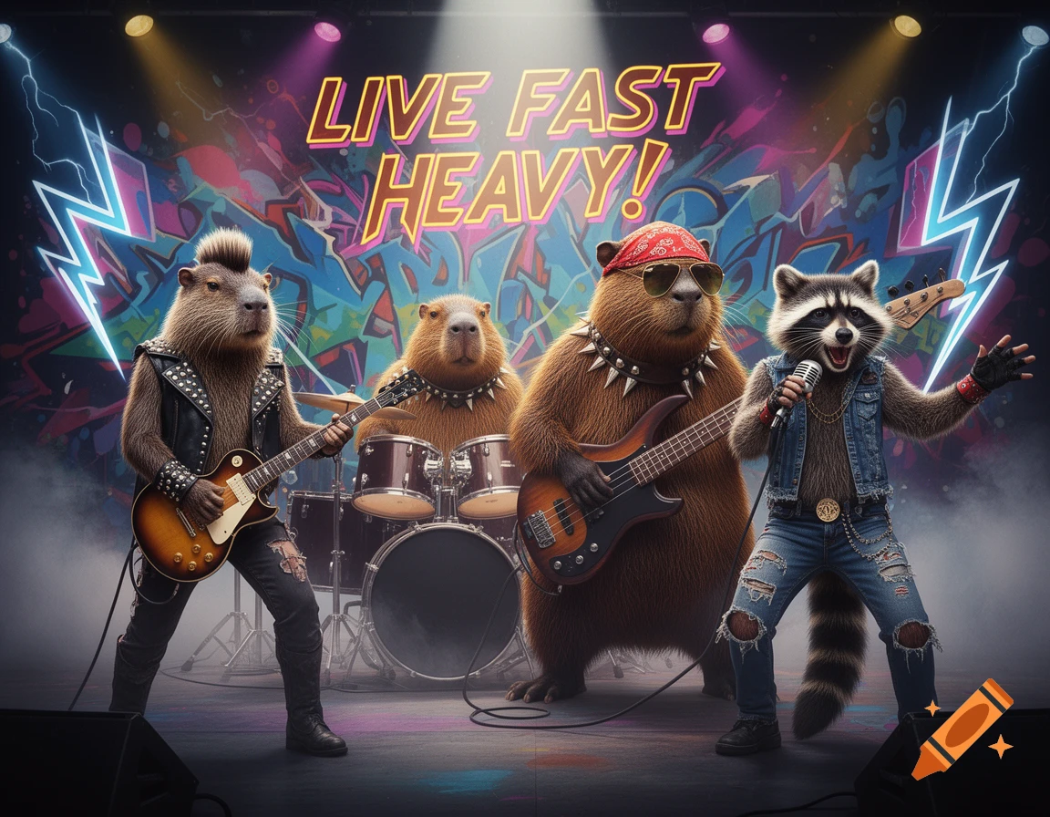 An anthropomorphic animal rock band, featuring capybaras and a raccoon, performing on stage under spotlights with a colorful graffiti backdrop that reads "LIVE FAST HEAVY!"
