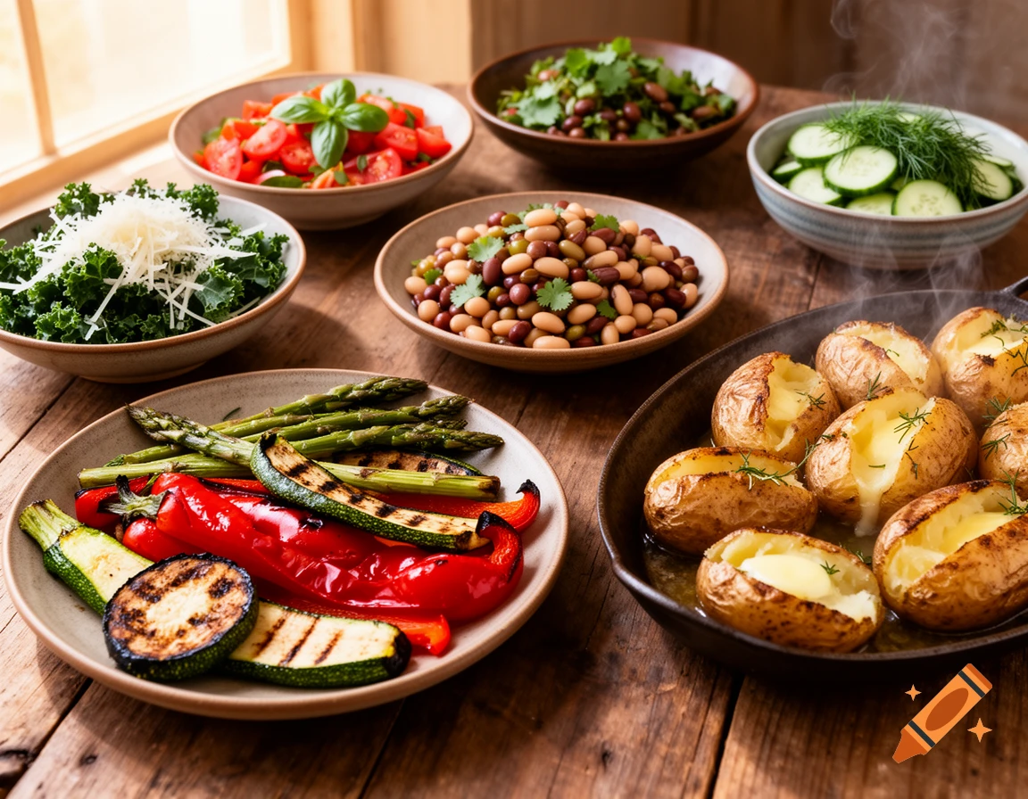 A rustic wooden table is laden with various dishes: a plate of grilled asparagus, bell peppers, and zucchini, a pan of steaming baked potatoes, bowls of mixed beans, chopped tomatoes with basil, sliced cucumbers with dill, and kale with grated cheese.