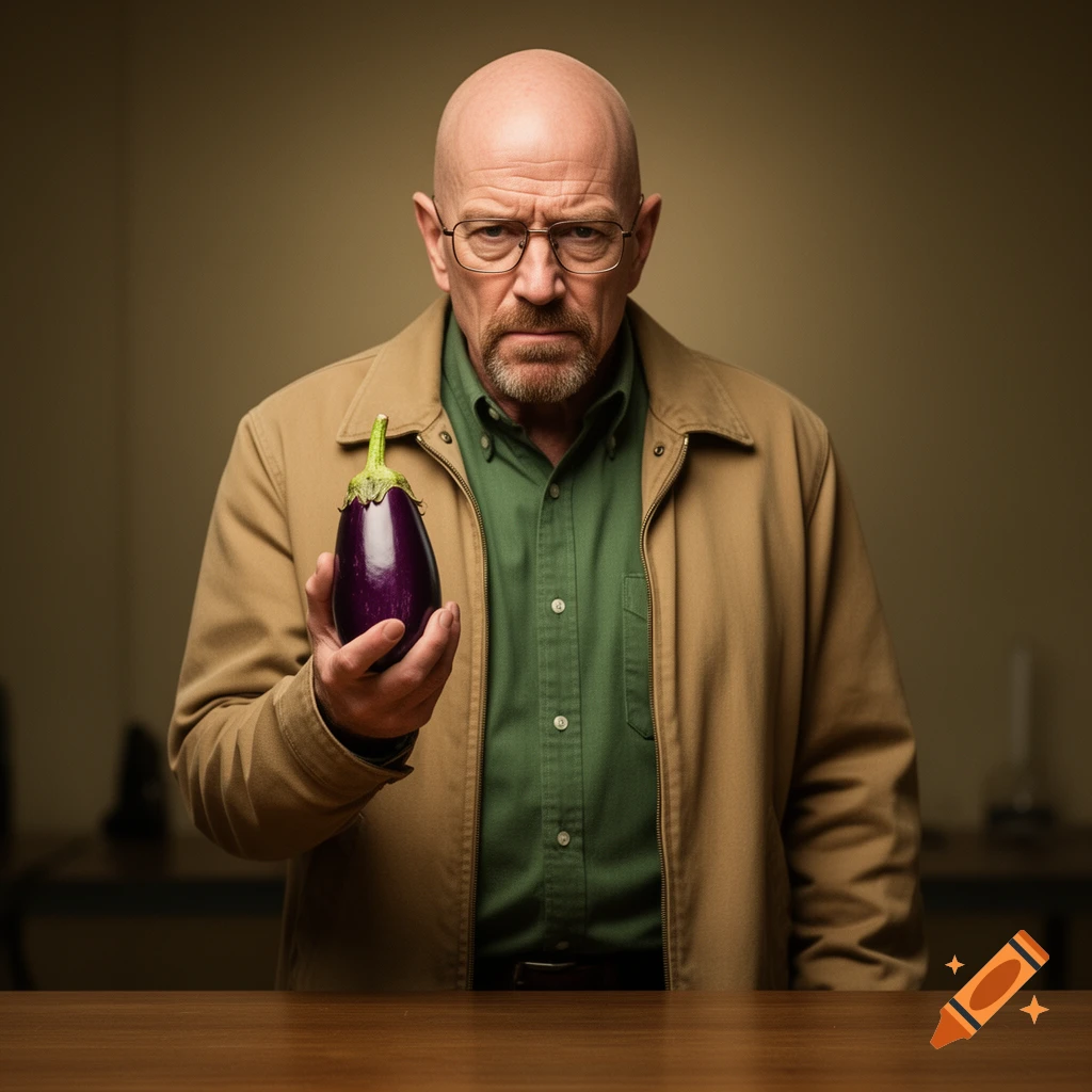 A serious-looking bald man resembling Walter White holds a single purple eggplant, standing behind a wooden table.