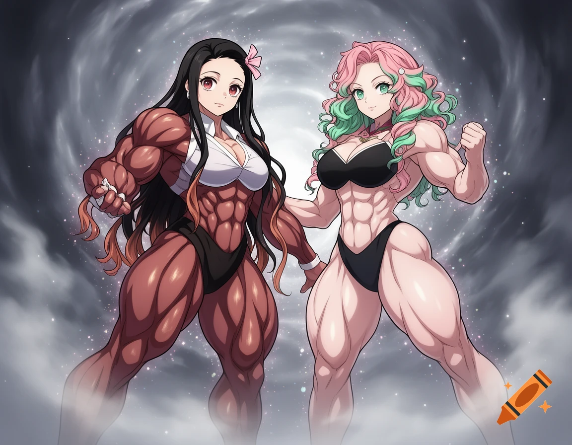 Anime characters Nezuko and Mitsuri from Demon Slayer pose with extremely muscular physiques, wearing swimsuits, against a swirling dark background.