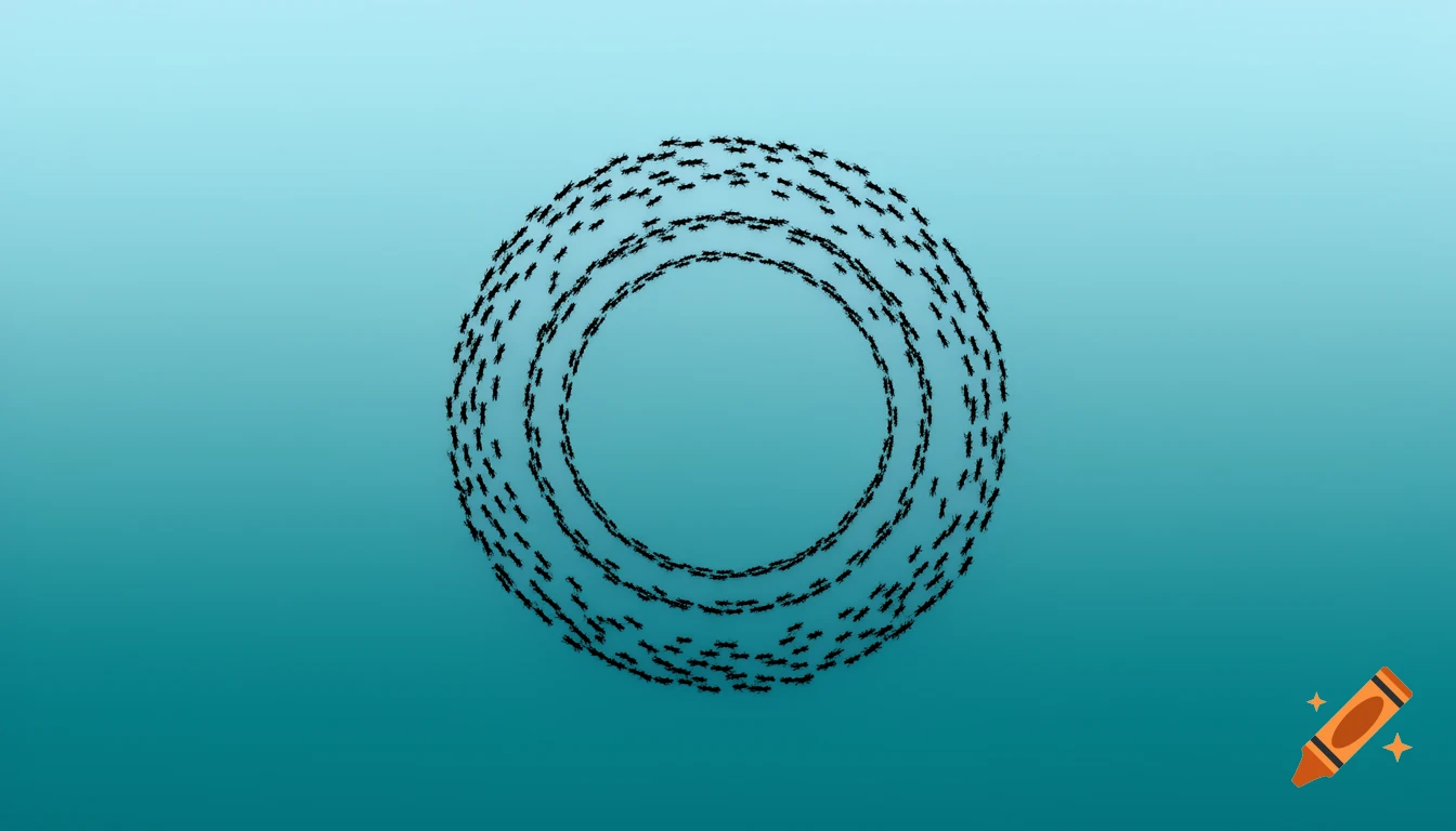 Black irregular dots resembling ants form two concentric circles on a light sky blue to dark turquoise gradient background. Abstract digital art.
