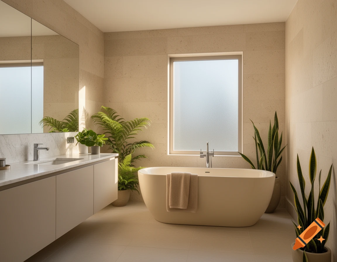 Modern bathroom with a freestanding bathtub, vanity, mirror, and potted plants, in neutral beige tones.
