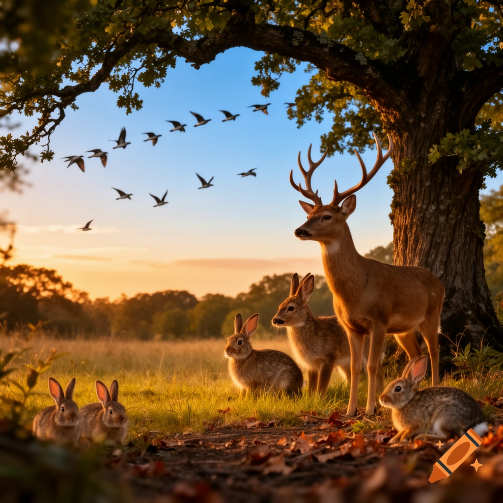 A majestic deer and several rabbits stand in a golden grassy field under a large tree, with birds flying at sunset.