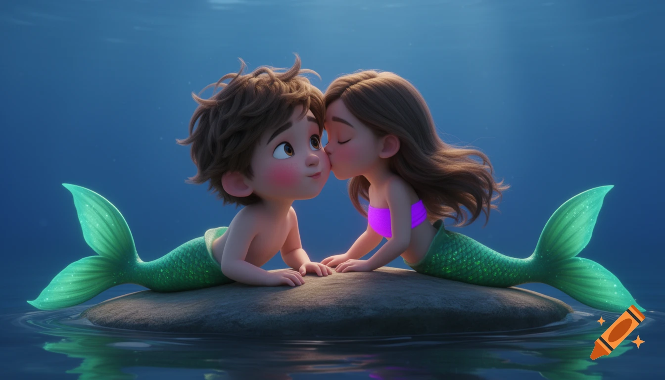 Cartoon mermaid girl in a purple top kissing a mermaid boy's blushing cheek, both with green tails on a rock underwater.