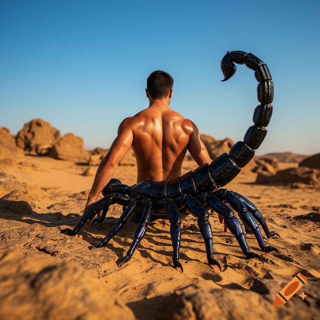A shirtless man fused with a black scorpion sits in a sunny desert landscape, seen from behind.
