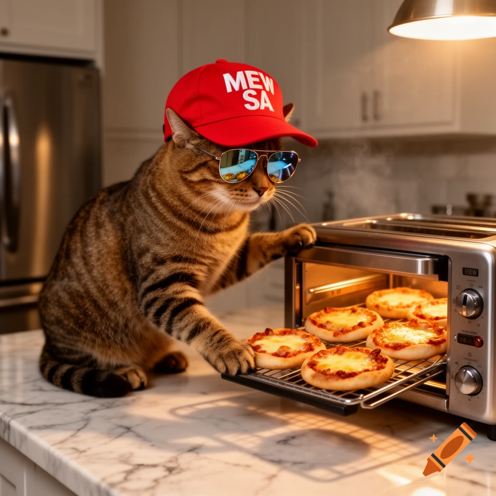 A photorealistic tabby cat in a red 'MEW SA' hat and sunglasses cooks mini pizzas in a toaster oven in a kitchen.