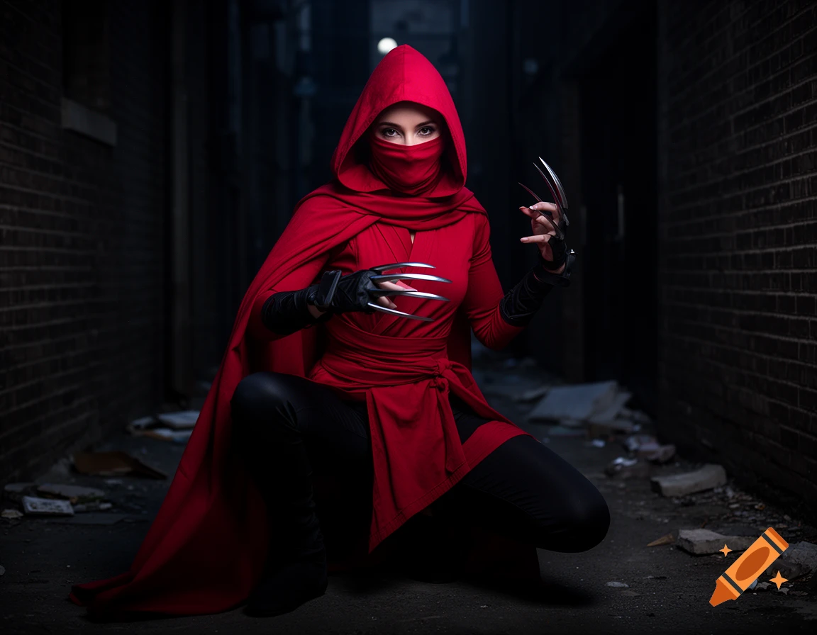 A female ninja in a red hooded costume and black pants crouches in a dark alley, holding steel claws on her hands. Photorealistic style.