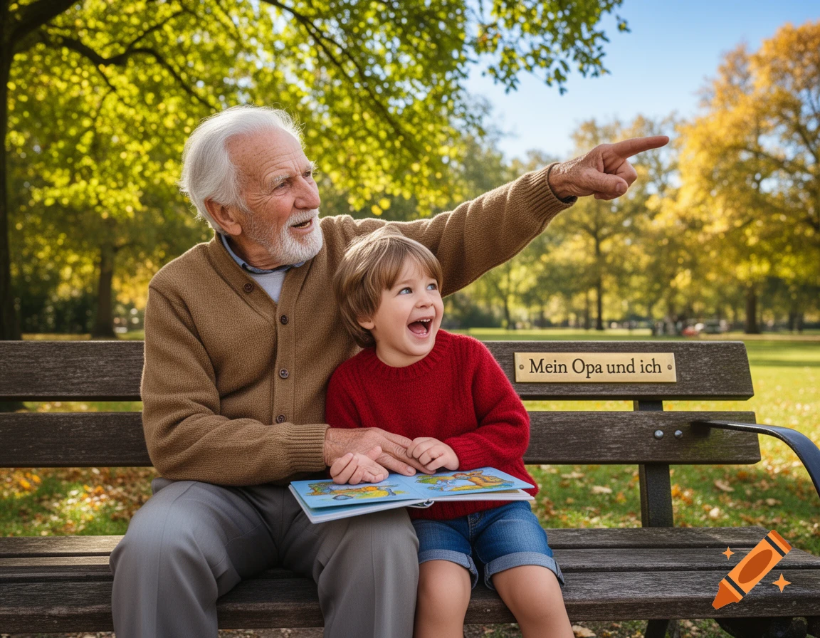 A smiling grandfather and a laughing child sit on a park bench, the grandfather pointing into the distance on a sunny day.