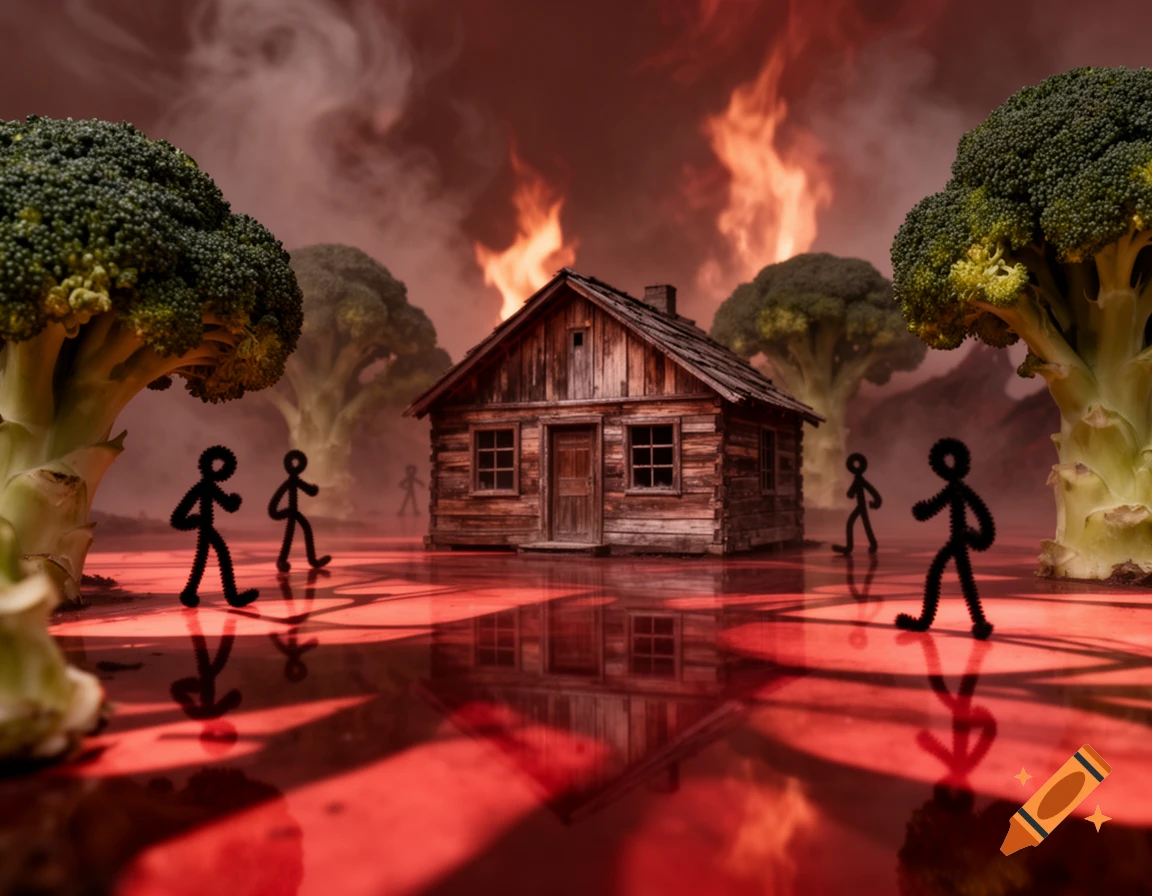 A small wooden cabin reflected in a red, smoky landscape with fire, giant broccoli trees, and pipe cleaner stick figures.