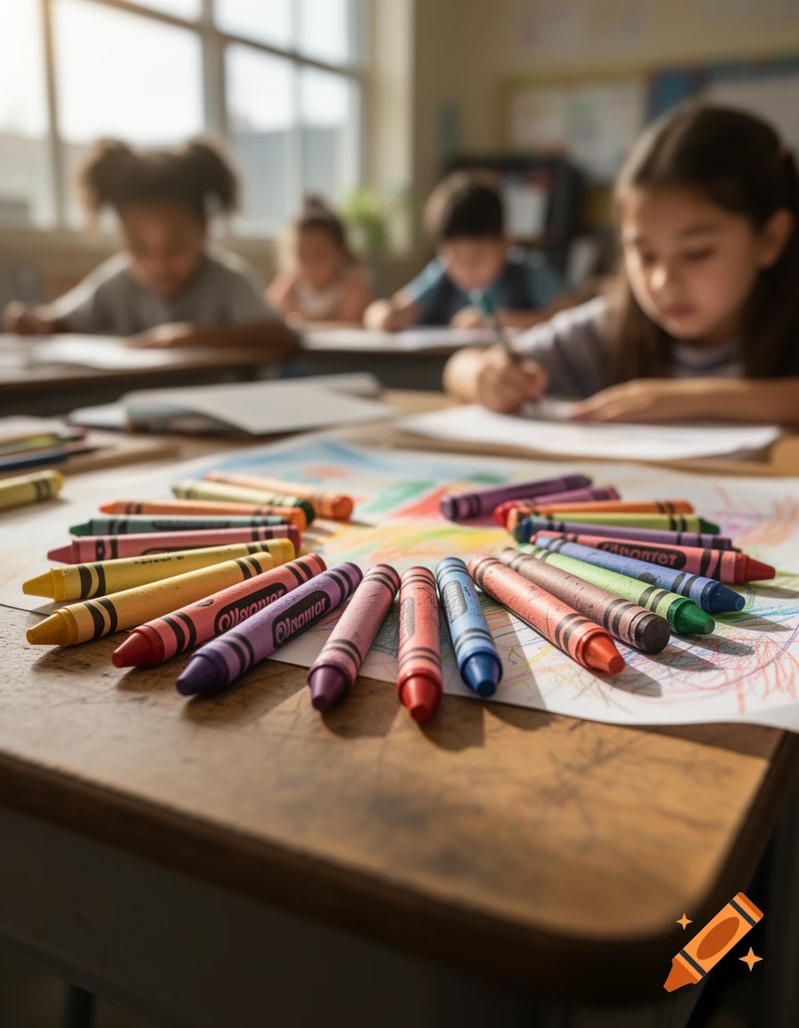 Close-up of colorful crayons arranged on a wooden desk, with blurred children drawing in a classroom background.