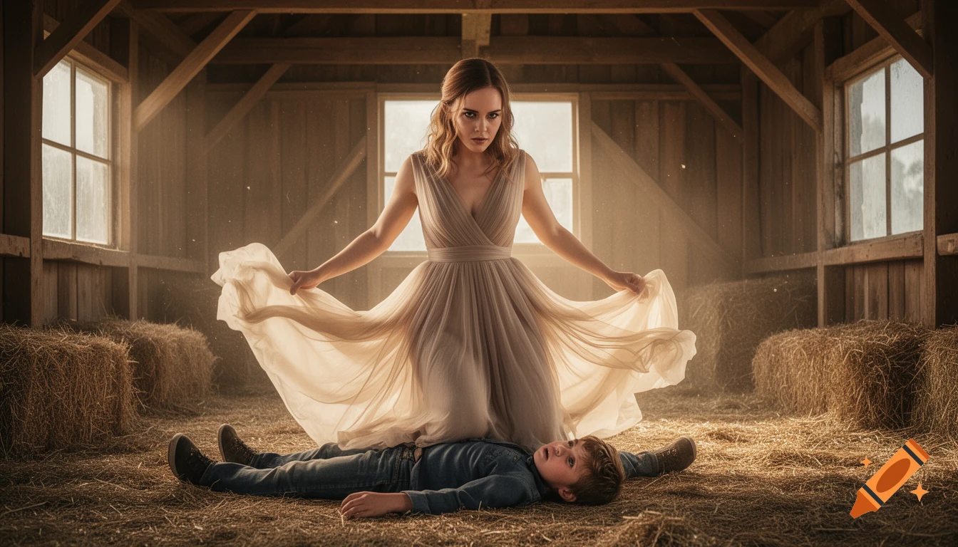 Photorealistic image of a woman in a flowing dress kneeling over a boy lying on a hay-covered floor in a dusty barn.