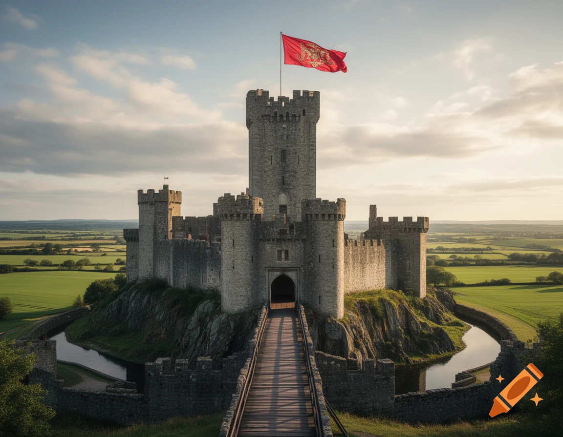 Majestic stone castle with a red flag, moat, and wooden bridge, surrounded by green fields under a cloudy sky.