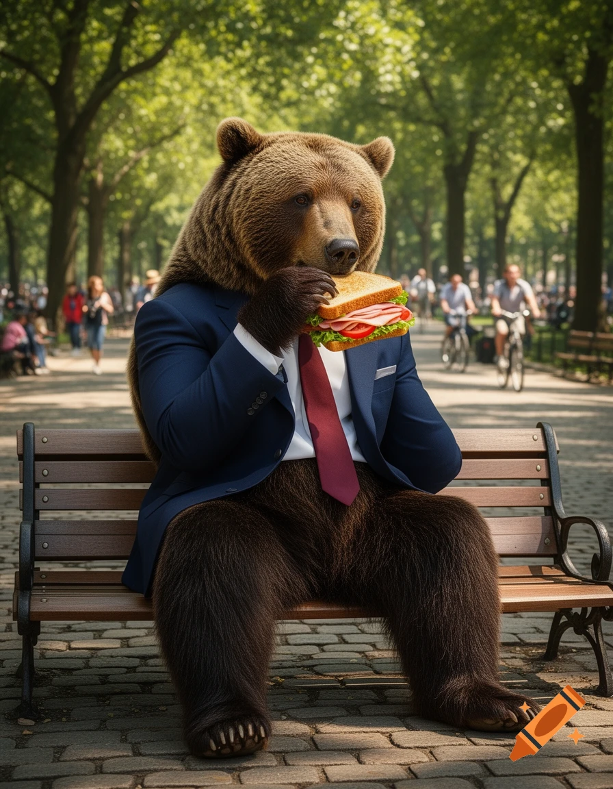 A brown bear in a blue suit and red tie sits on a park bench, eating a sandwich with lettuce, tomato, and ham.