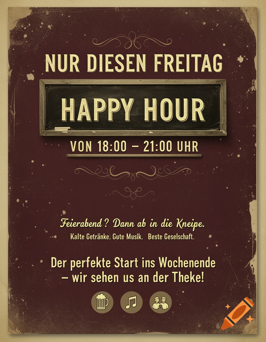 Vintage-style poster advertising a 'Happy Hour' on Friday from 6 PM to 9 PM at a pub, with grunge textures and icons for beer, music, and people.