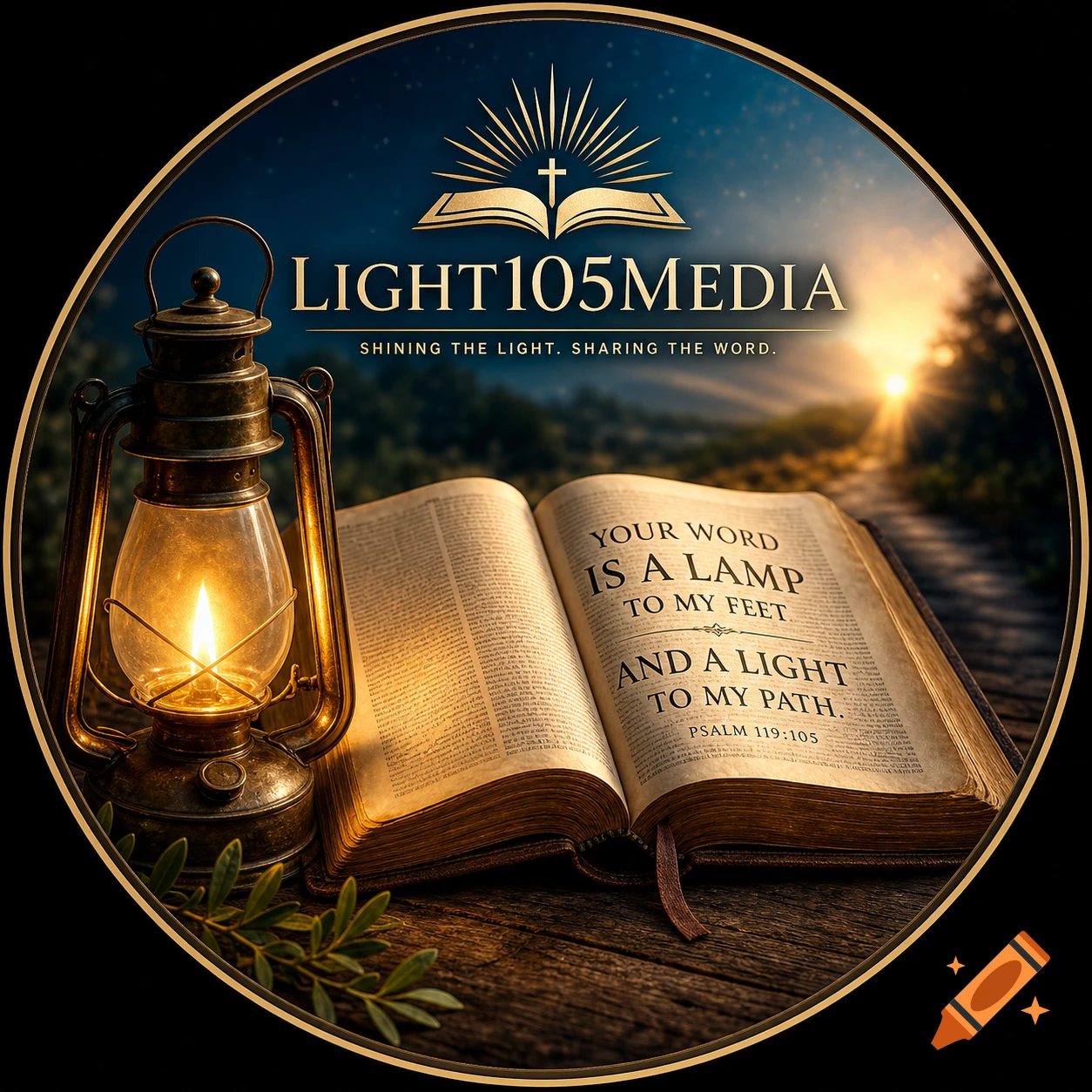 A circular logo featuring an open Bible, a lit lantern, and a path at sunset under a starry sky. Text reads 'Light105Media' and 'Your word is a lamp to my feet and a light to my path. Psalm 119:105'.