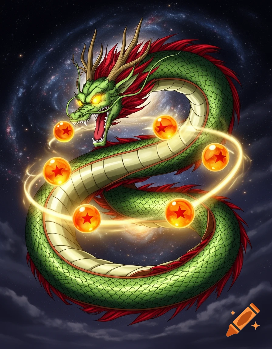 A vibrant green Shenron dragon from Dragon Ball Z coils like an ouroboros, surrounded by seven glowing Dragon Balls, against a cosmic starry background.