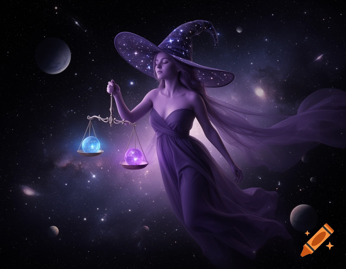 A serene woman in a flowing purple gown and starry witch hat floats in deep space, holding a golden scale with glowing blue and purple orbs.