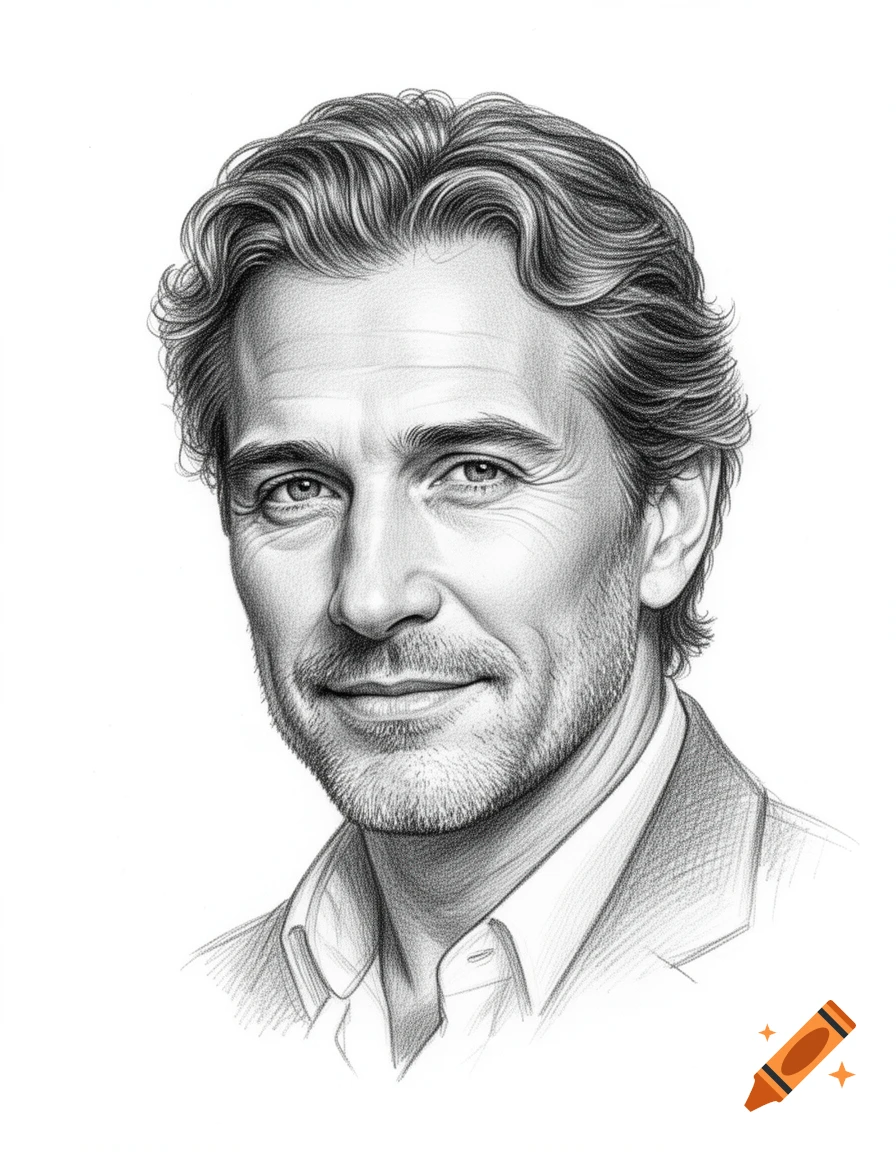 A highly detailed black and white pencil sketch portrait of a smiling man with wavy hair and a beard.