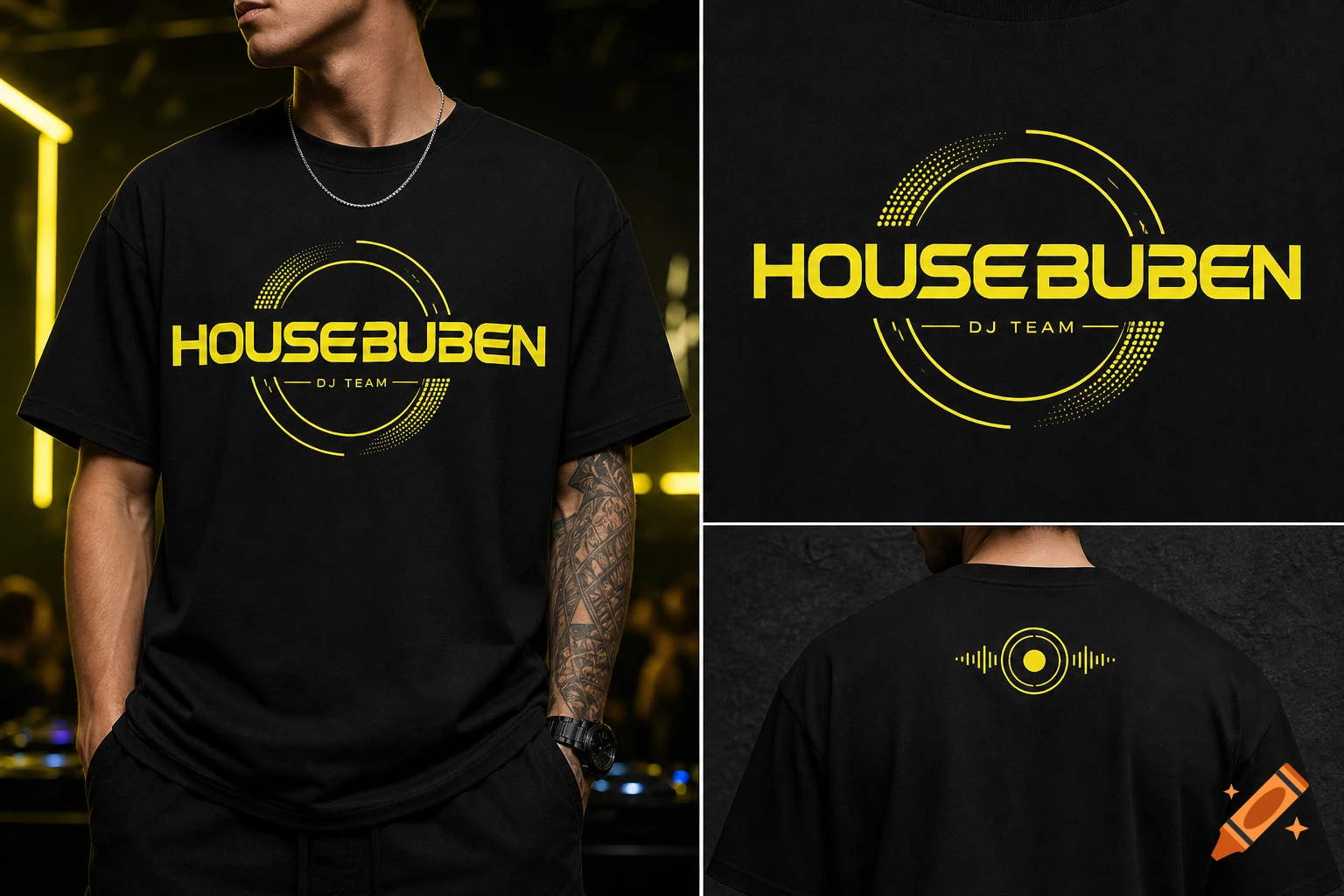 Black t-shirt with a bright yellow 'HOUSEBUBEN DJ TEAM' logo on the front and back, worn by a person.