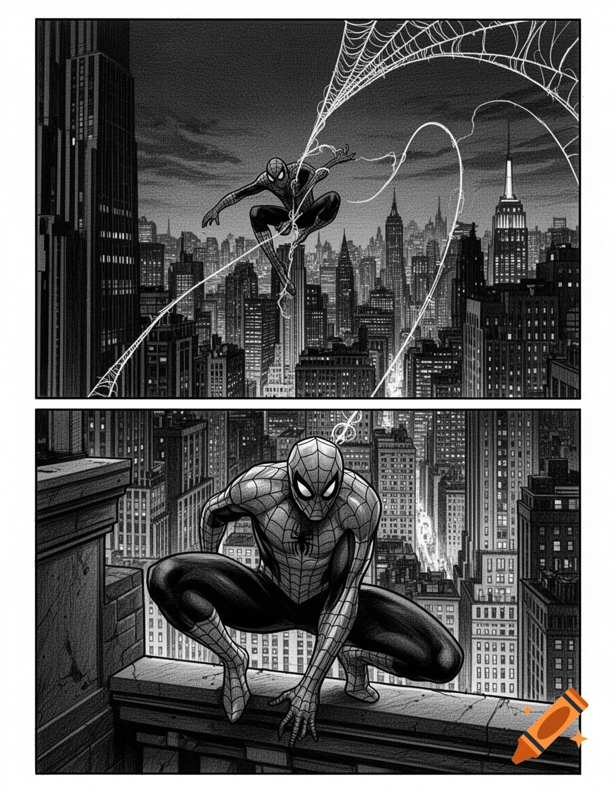 Two greyscale comic panels showing Spider-Man: one swinging through a city at night, the other crouching on a rooftop.