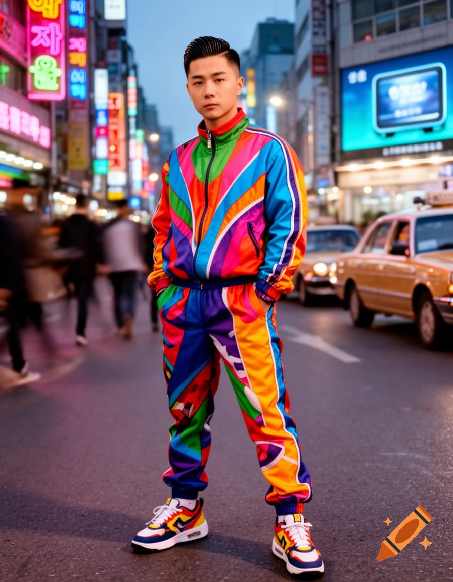 A man in a vibrant multicolored tracksuit stands in the middle of a bustling city street with neon lights at dusk.