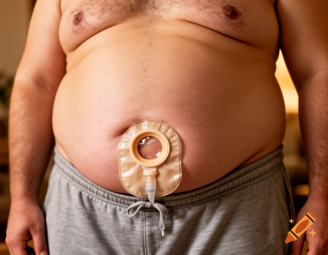 Close-up of an overweight man's midsection, showing an ileostomy bag attached to his abdomen. He is wearing grey sweatpants.