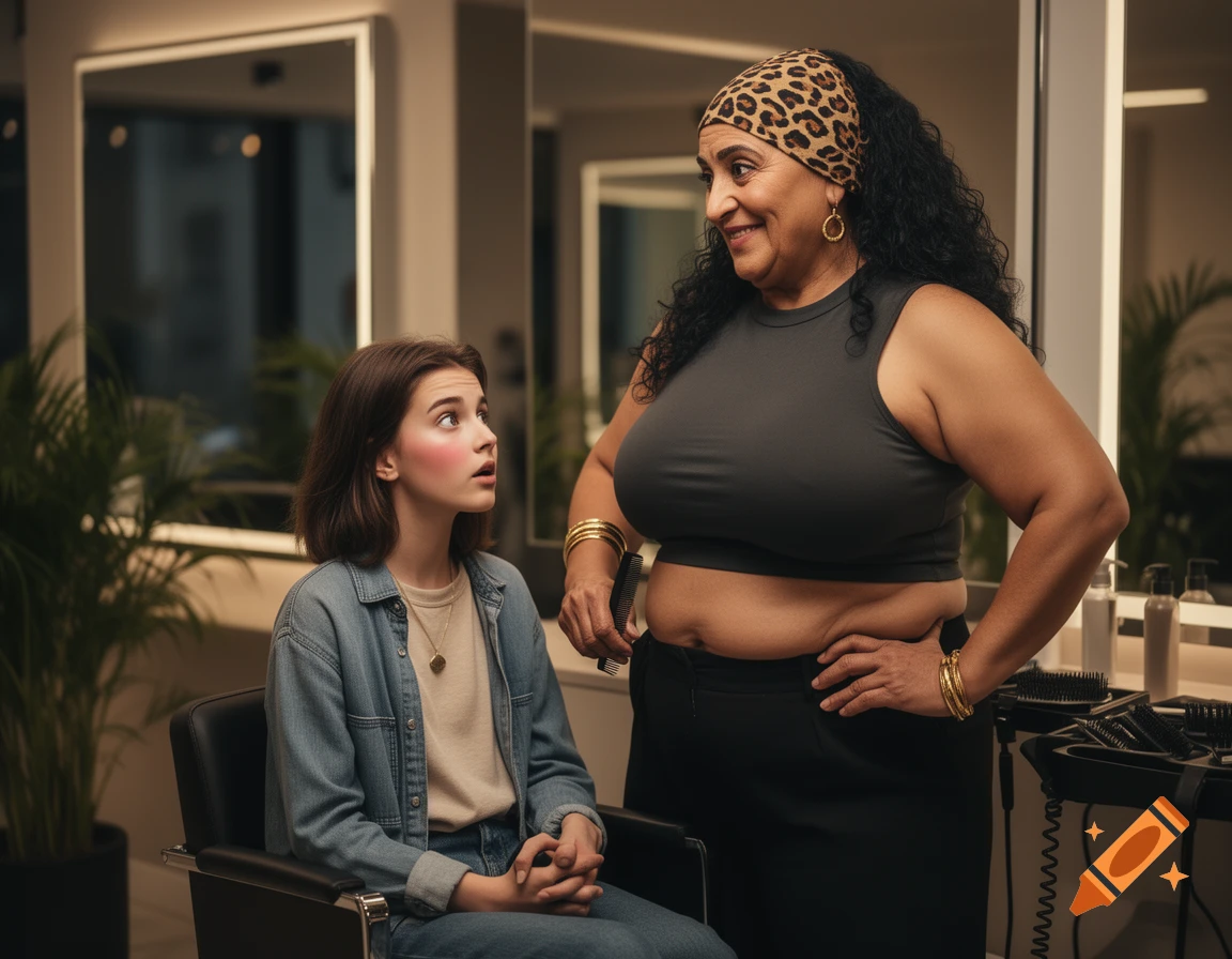 A young woman in a salon chair looks surprised at a smiling hairdresser with a leopard print bandana, holding a comb, in a warm salon.