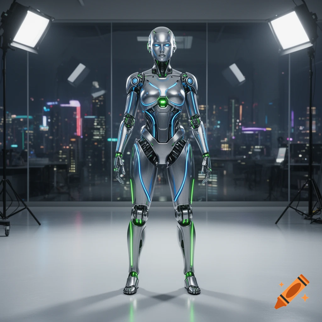 A photorealistic metallic female robot with blue and green glowing lines stands in a modern room with a city skyline at night.