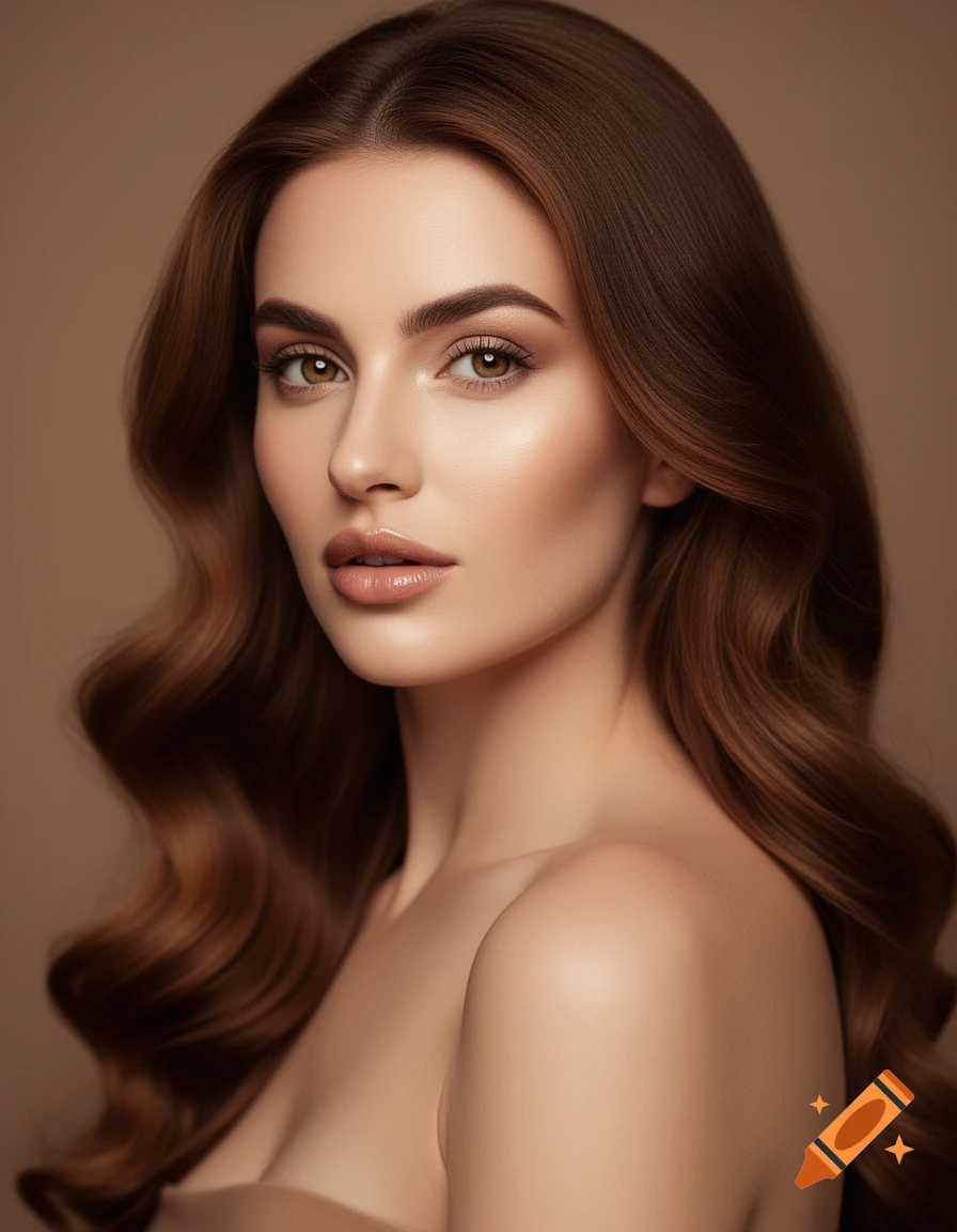 A photorealistic beauty portrait of a woman with long, wavy brown hair and natural makeup against a warm beige background.