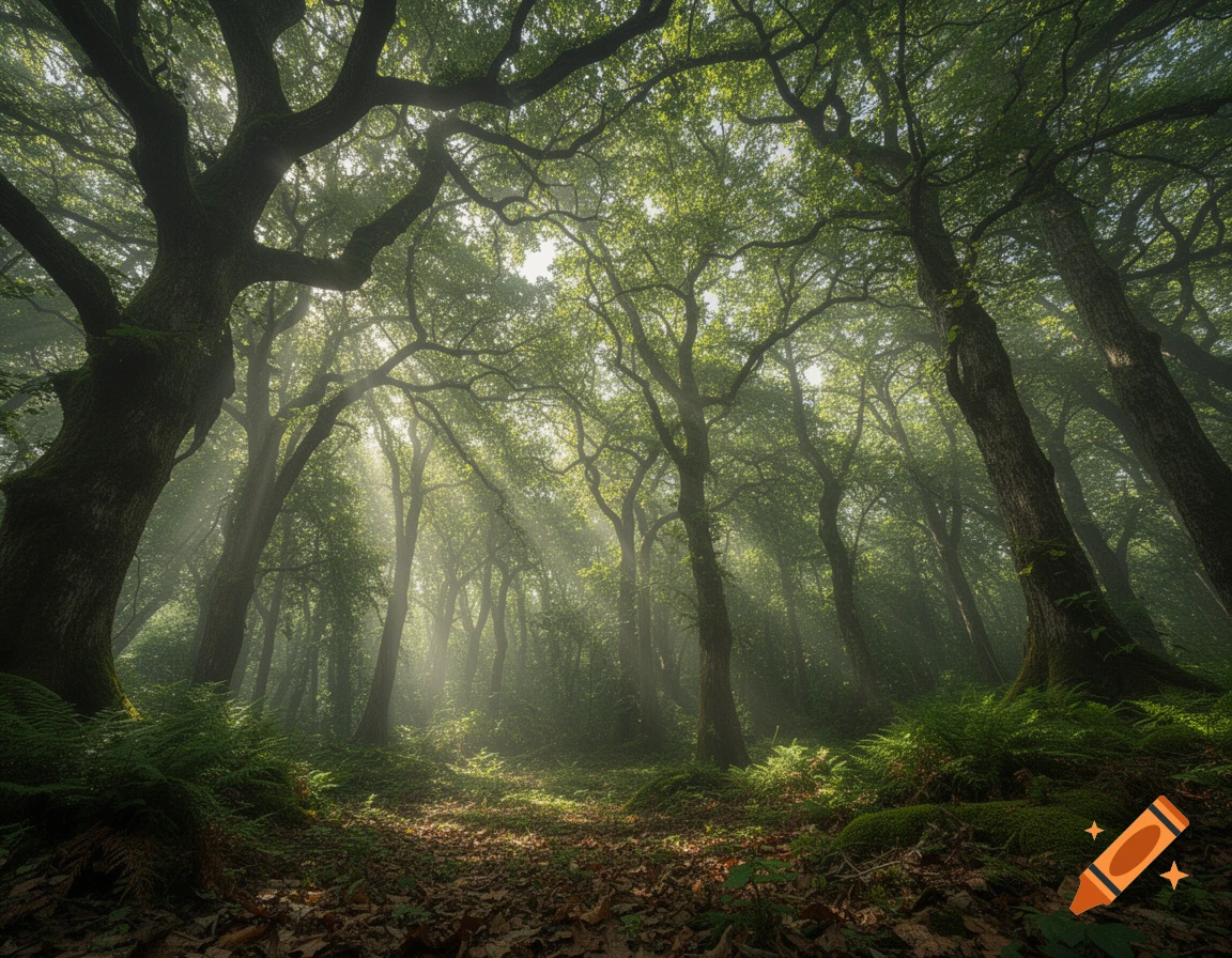 Sunlight pierces through the dense, green canopy of an ancient forest, illuminating a misty, fern-covered ground.
