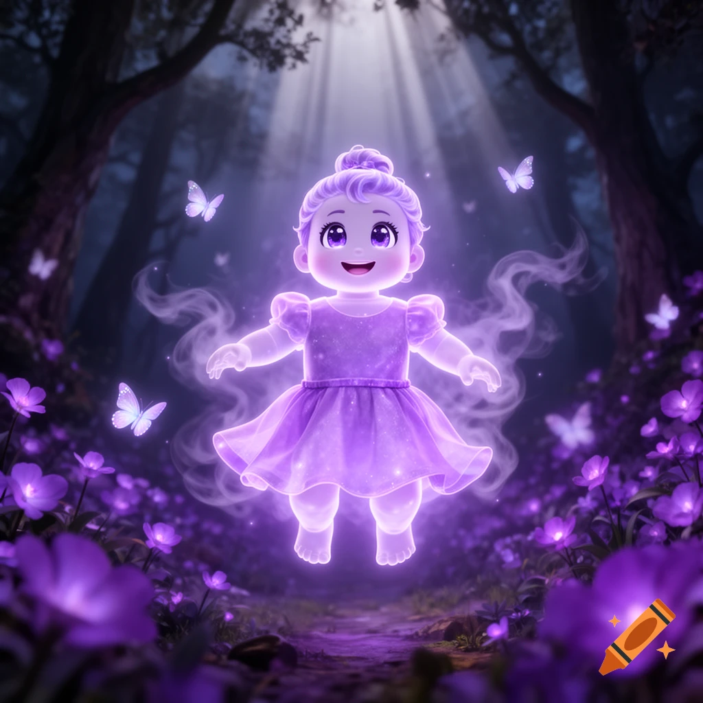 Glowing purple ghost baby in a dress floats in a magical forest with purple flowers and butterflies, in a game art style.