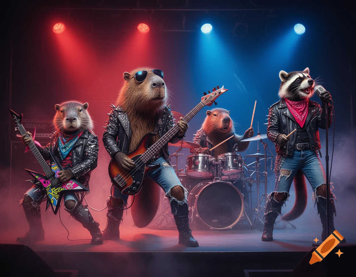 A photorealistic band of anthropomorphic animals (capybara, otter, beaver, raccoon) playing heavy metal on a stage with red and blue lights.