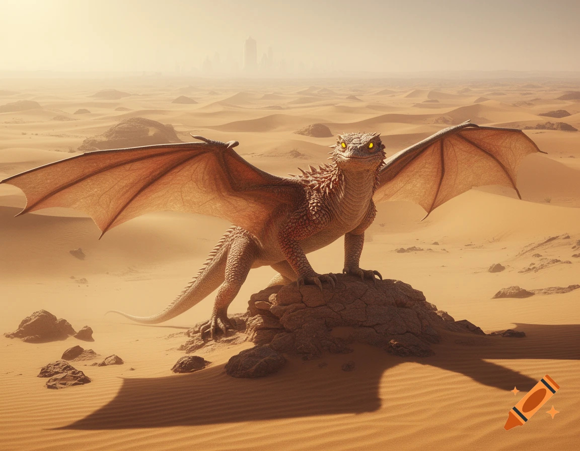 A winged desert dragon-lizard with glowing eyes stands on a rock in a vast sandy desert.