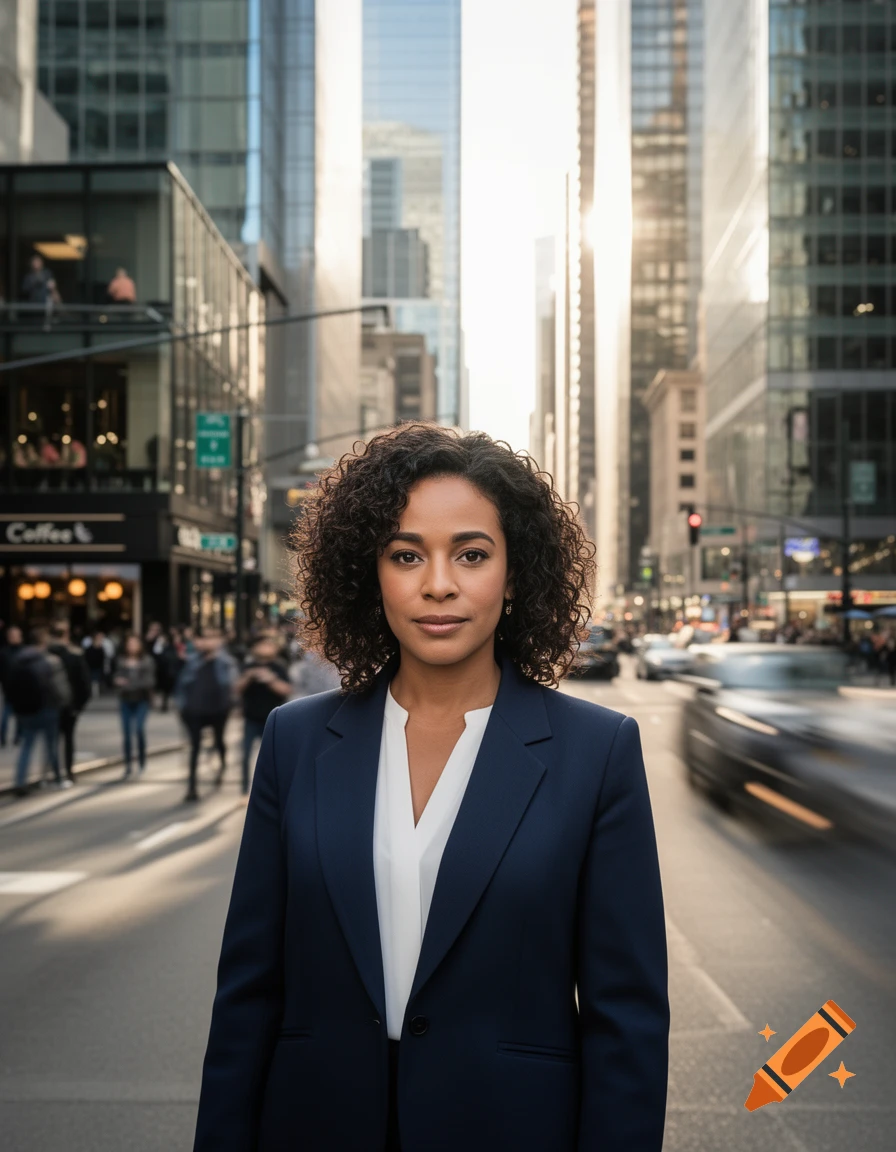 Photorealistic portrait of a woman in a navy suit on a city street with blurred traffic and skyscrapers in the background.