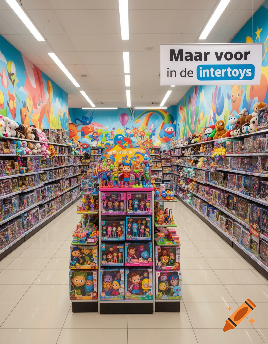 A brightly lit aisle in a toy store, with shelves full of toys, colorful murals, and a hanging sign.