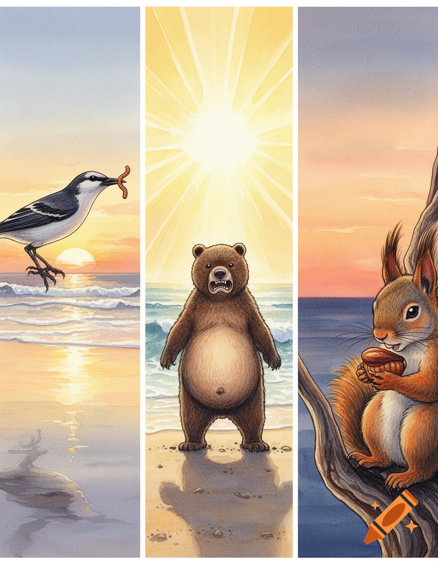 Watercolor triptych: a bird with a worm at sunrise, a grumpy bear on a beach in bright sun, and a squirrel with a nut at sunset.