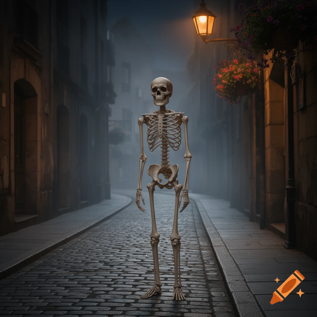 A photorealistic human skeleton stands in a foggy, cobblestone alley at night, lit by a street lamp.