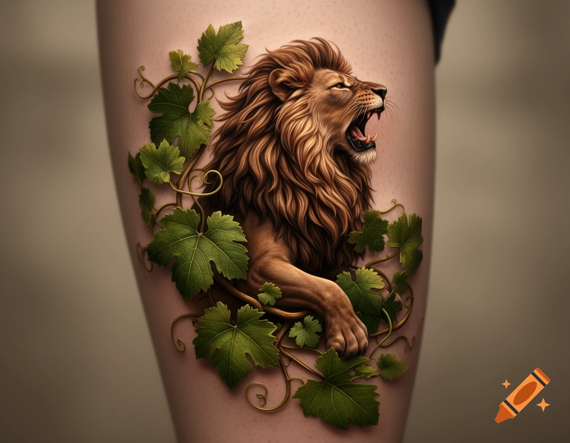 A detailed 3D-style tattoo of a roaring lion's head, surrounded by green grape leaves and winding vines, on a person's leg.