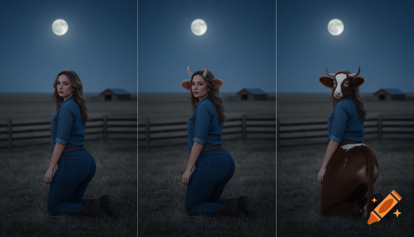 A three-panel image showing a woman transforming into a cow hybrid in a rural field under a full moon.