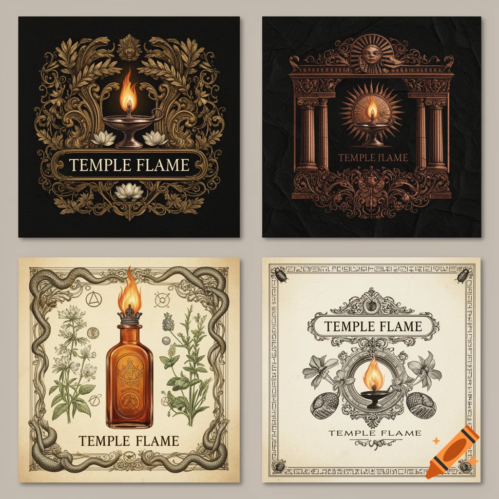 Four vintage-style luxury oil bottle labels for 'Temple Flame,' featuring ornate frames, a central flame, botanical elements, and mythological motifs.