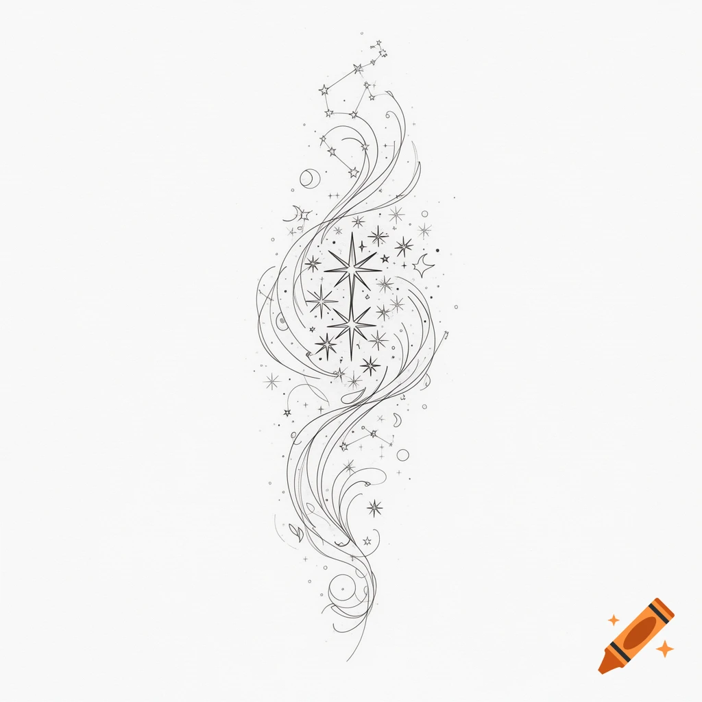 Fineline drawing of two central shining stars surrounded by smaller stars, crescent moons, constellations, and delicate swirling lines.