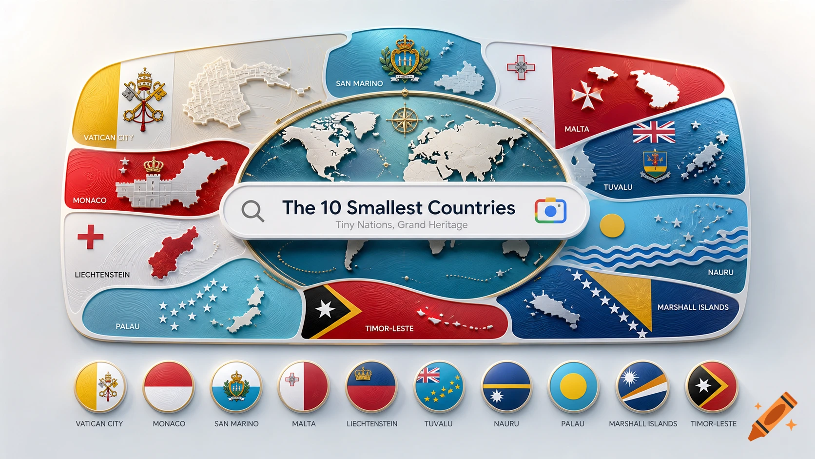 Stylized map of the 10 smallest countries with flags and names, presented within a Google search bar interface.